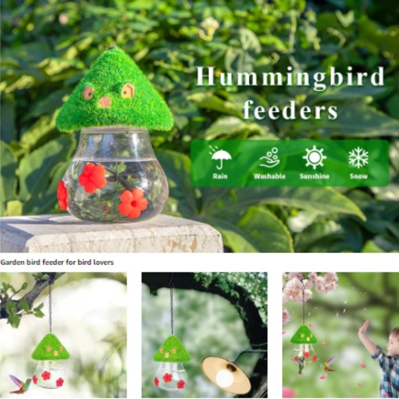 Hummingbird Feeder w/ Green Thatched Roof Style + 3 Red Petal Spouts - Picture 10 of 11